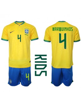 Brasilien Marquinhos #4 Replika Hemmakläder Barn VM 2022 Kortärmad (+ byxor)